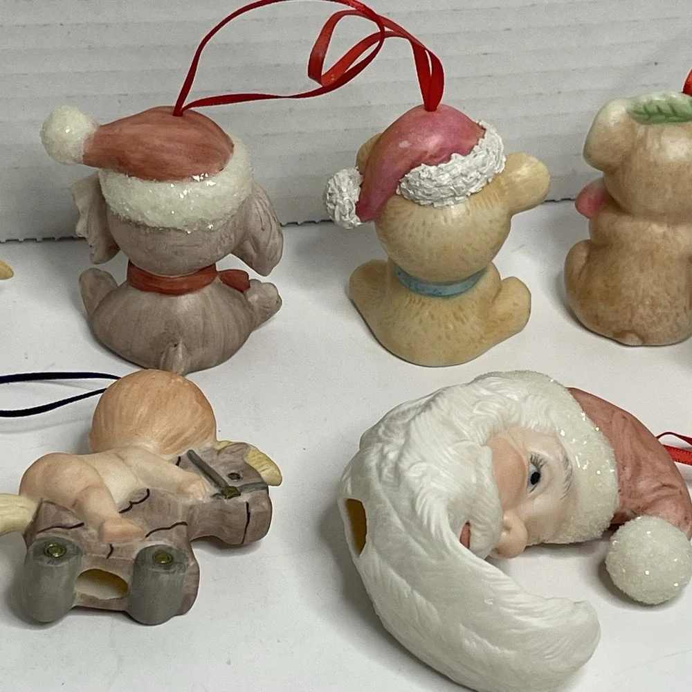 Porcelain Christmas Ornament Santa  Moon Animals Set 9 Vintage Hand Painted 2.5